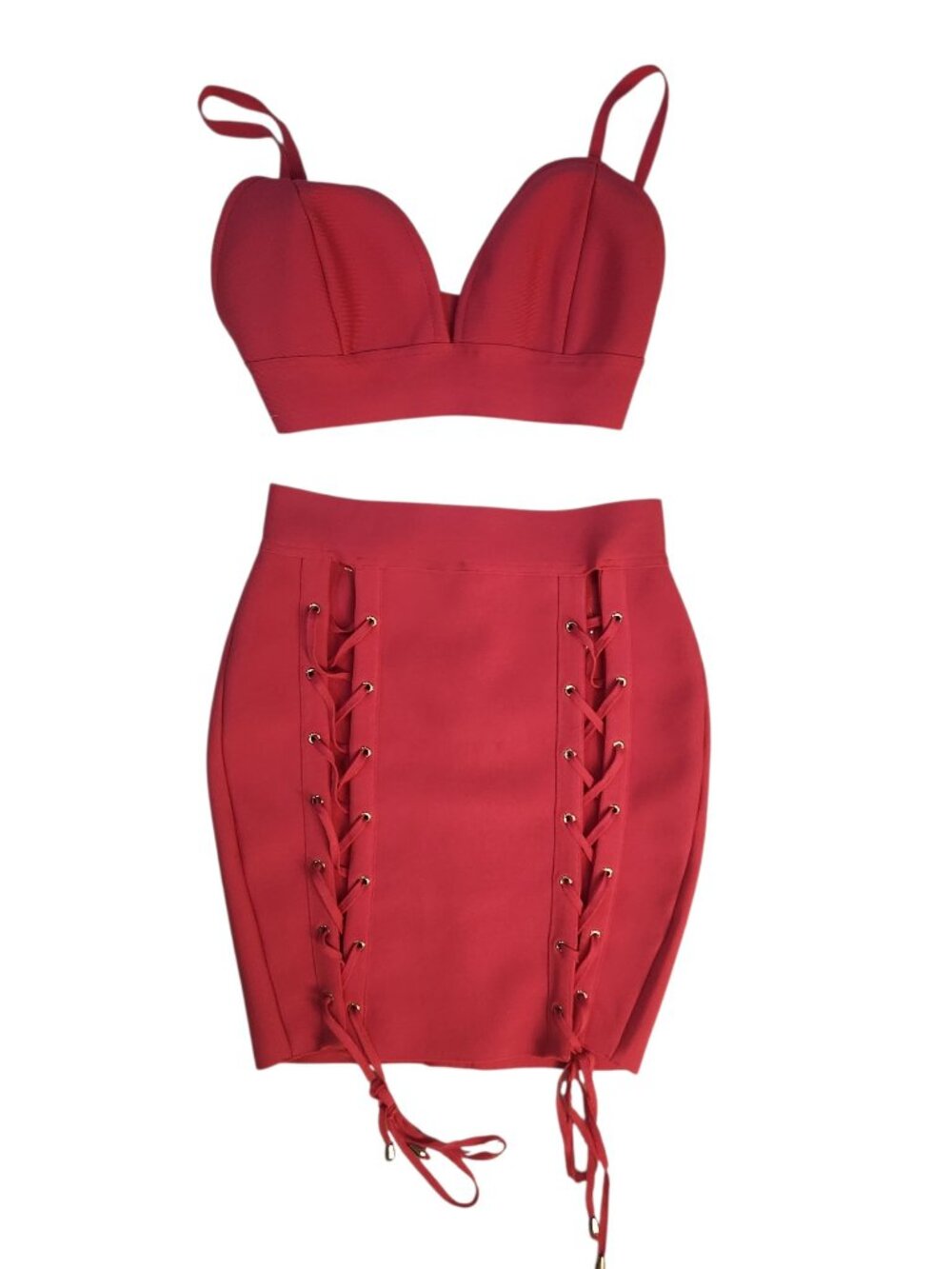 Bandage Two Piece Set Size M Bralette Crop Top Mini Skirt Tie Up Hot Pink Zipper
